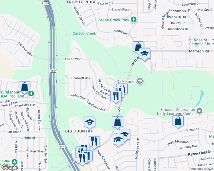 map of restaurants, bars, coffee shops, grocery stores, and more near 10630 Blue Wolf Pier in San Antonio
