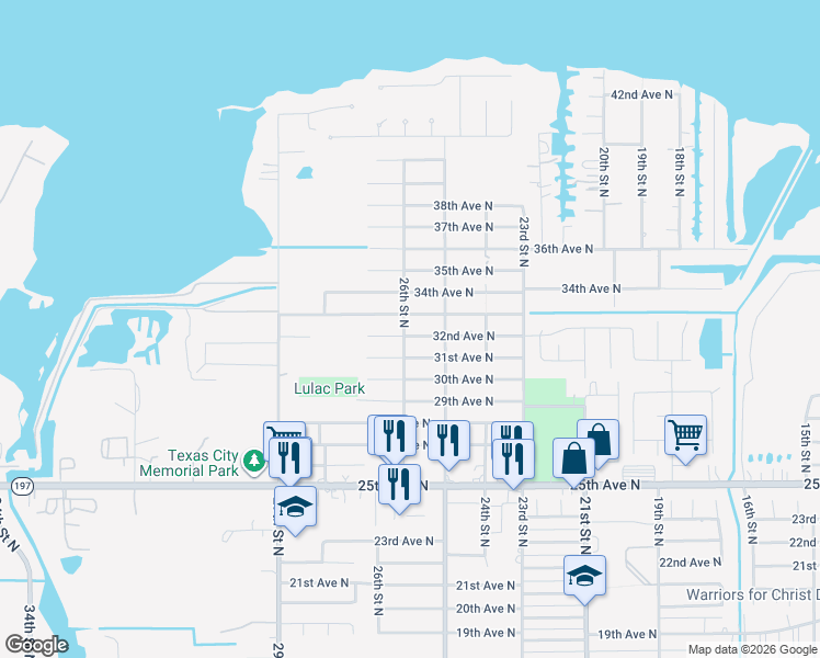 map of restaurants, bars, coffee shops, grocery stores, and more near 2526 32nd Avenue North in Texas City