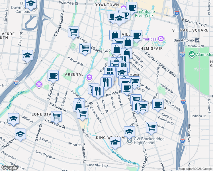 map of restaurants, bars, coffee shops, grocery stores, and more near 1017 South Alamo Street in San Antonio