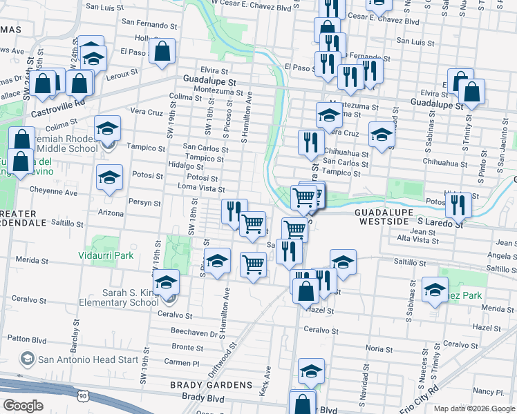 map of restaurants, bars, coffee shops, grocery stores, and more near in San Antonio