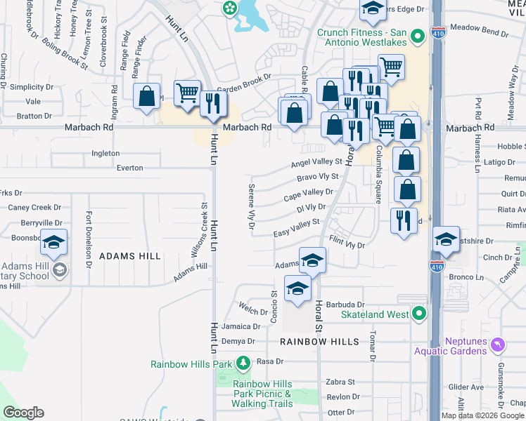 map of restaurants, bars, coffee shops, grocery stores, and more near 8814 Cape Valley Drive in San Antonio