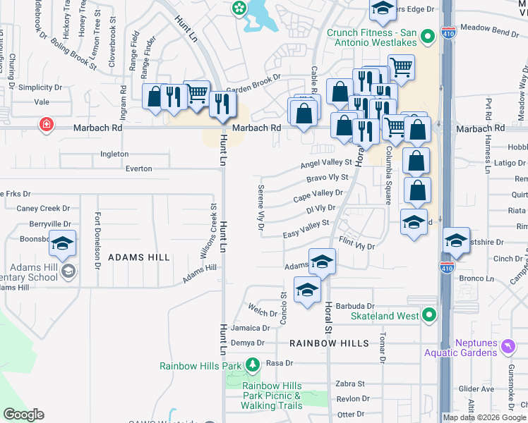 map of restaurants, bars, coffee shops, grocery stores, and more near 1903 Serene Valley Street in San Antonio