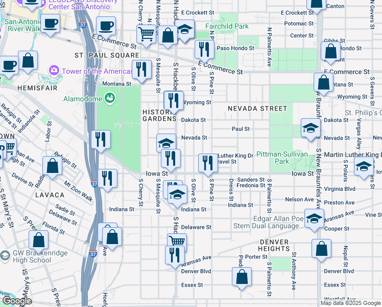 map of restaurants, bars, coffee shops, grocery stores, and more near 531 South Olive Street in San Antonio