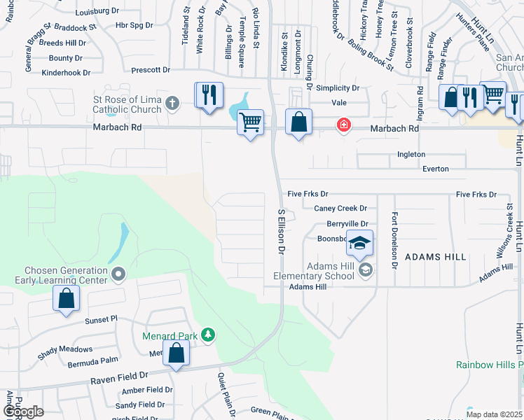 map of restaurants, bars, coffee shops, grocery stores, and more near 9702 Marbach Canyon in San Antonio