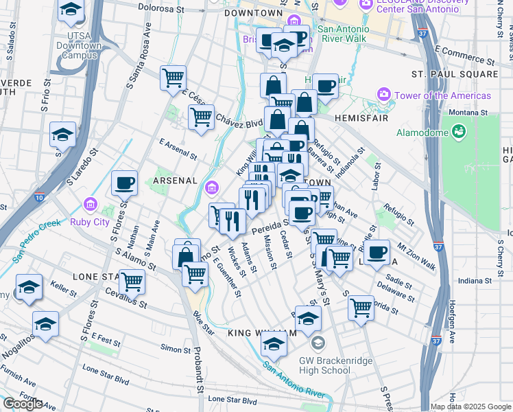 map of restaurants, bars, coffee shops, grocery stores, and more near 1017 South Alamo Street in San Antonio