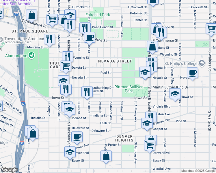 map of restaurants, bars, coffee shops, grocery stores, and more near 813 Martin Luther King Drive in San Antonio