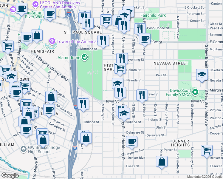map of restaurants, bars, coffee shops, grocery stores, and more near 631 South Mesquite in San Antonio