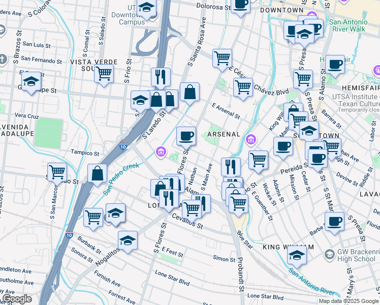map of restaurants, bars, coffee shops, grocery stores, and more near 1010 South Flores Street in San Antonio