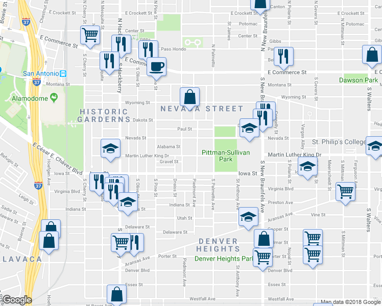 map of restaurants, bars, coffee shops, grocery stores, and more near 817 Martin Luther King Drive in San Antonio