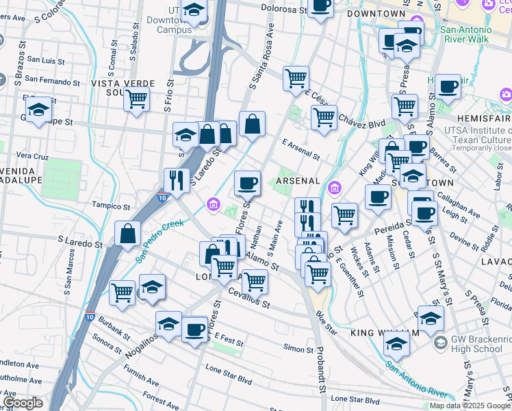 map of restaurants, bars, coffee shops, grocery stores, and more near 105 West Guenther Street in San Antonio