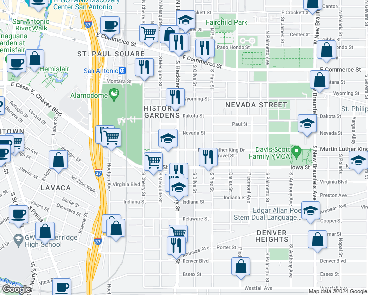 map of restaurants, bars, coffee shops, grocery stores, and more near 531 South Olive Street in San Antonio