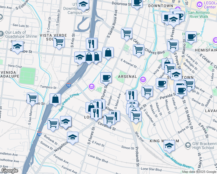 map of restaurants, bars, coffee shops, grocery stores, and more near 105 West Guenther Street in San Antonio