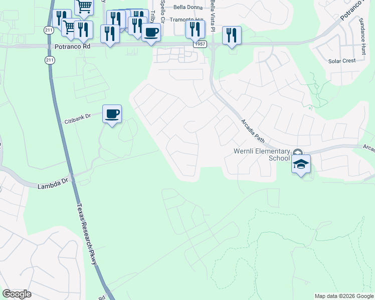map of restaurants, bars, coffee shops, grocery stores, and more near 13919 Persimmon Cove in San Antonio