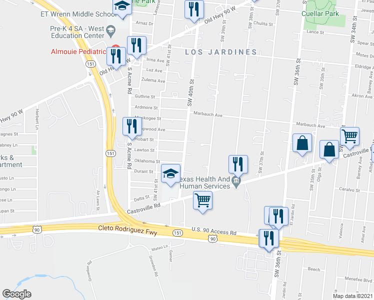 map of restaurants, bars, coffee shops, grocery stores, and more near 982 Southwest 40th Street in San Antonio