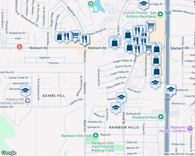 map of restaurants, bars, coffee shops, grocery stores, and more near 1903 Serene Valley Street in San Antonio