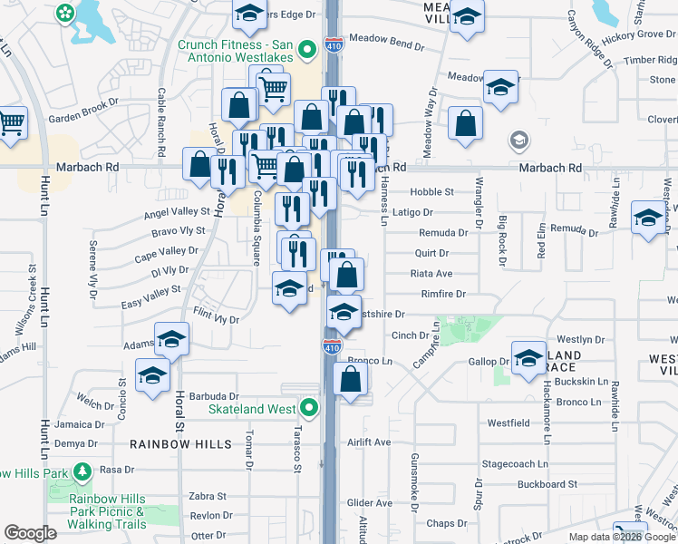 map of restaurants, bars, coffee shops, grocery stores, and more near 1936 Southwest Loop 410 in San Antonio