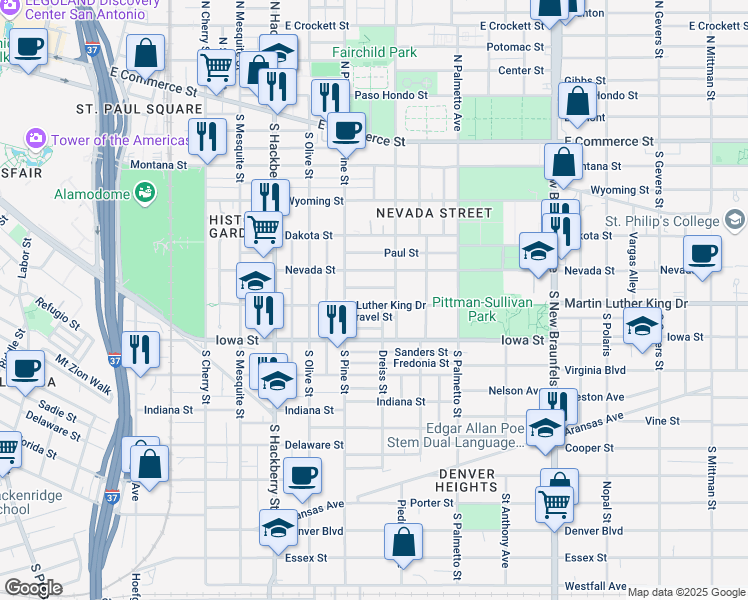 map of restaurants, bars, coffee shops, grocery stores, and more near 629 Martin Luther King Drive in San Antonio