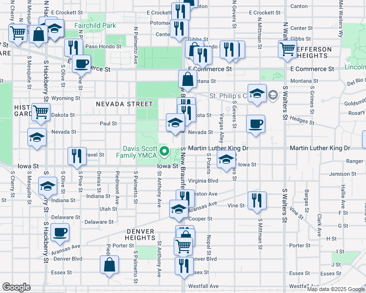 map of restaurants, bars, coffee shops, grocery stores, and more near 590 South New Braunfels Avenue in San Antonio
