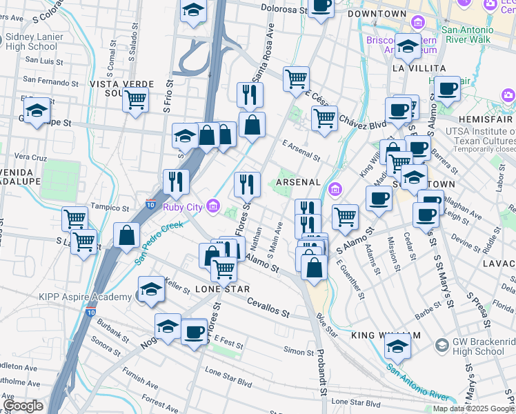 map of restaurants, bars, coffee shops, grocery stores, and more near 105 West Guenther Street in San Antonio