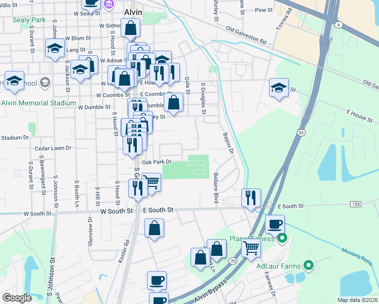 map of restaurants, bars, coffee shops, grocery stores, and more near 500 Southbend Drive in Alvin