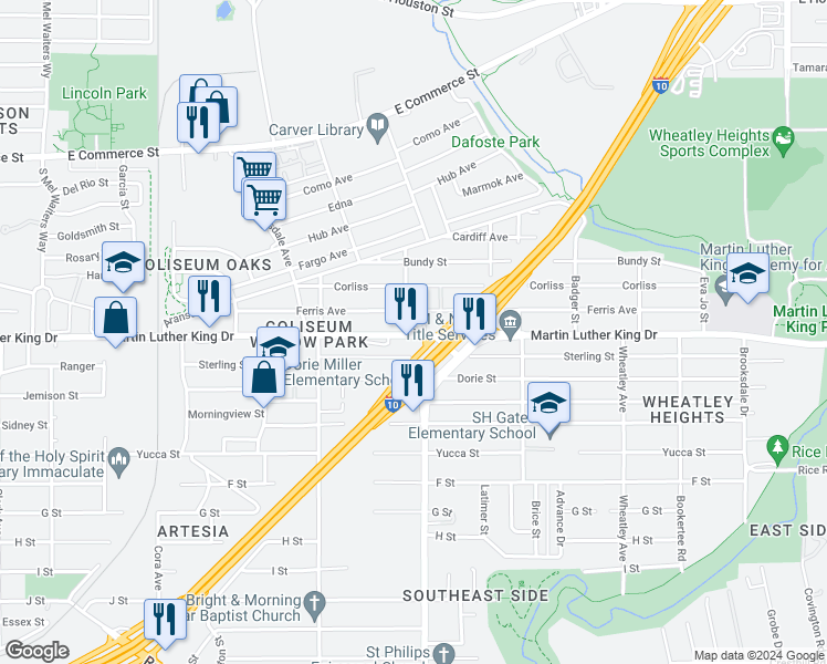 map of restaurants, bars, coffee shops, grocery stores, and more near 3107 Martin Luther King Drive in San Antonio