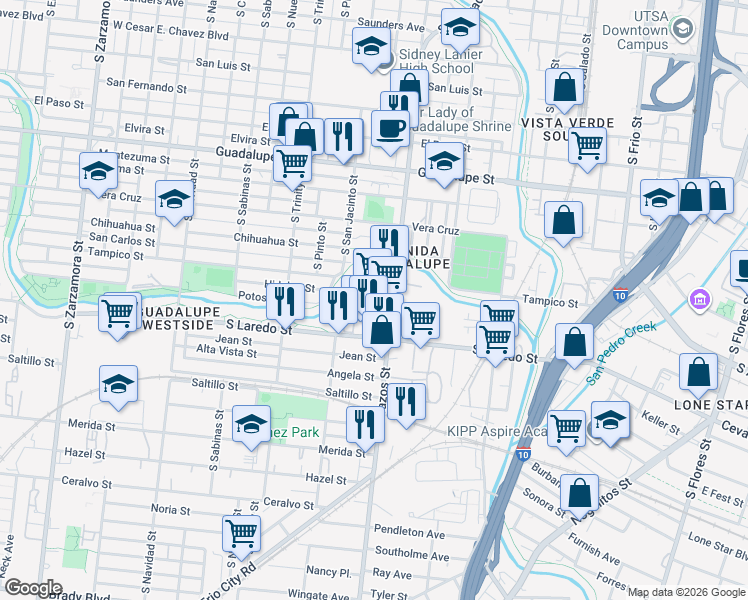 map of restaurants, bars, coffee shops, grocery stores, and more near 1305 South Brazos Street in San Antonio