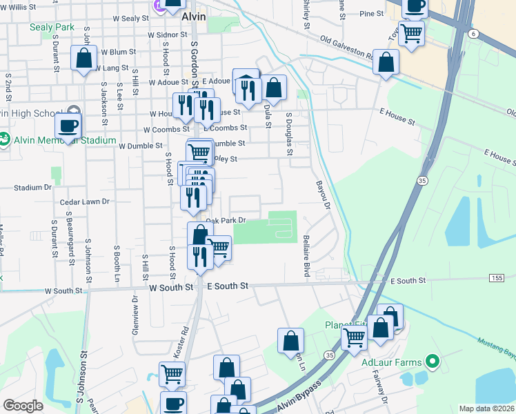 map of restaurants, bars, coffee shops, grocery stores, and more near 500 Southbend Drive in Alvin