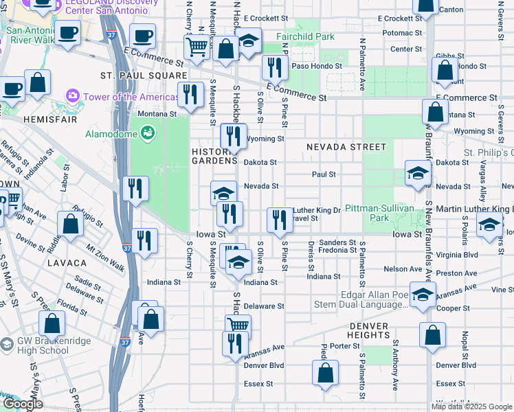 map of restaurants, bars, coffee shops, grocery stores, and more near 531 South Olive Street in San Antonio