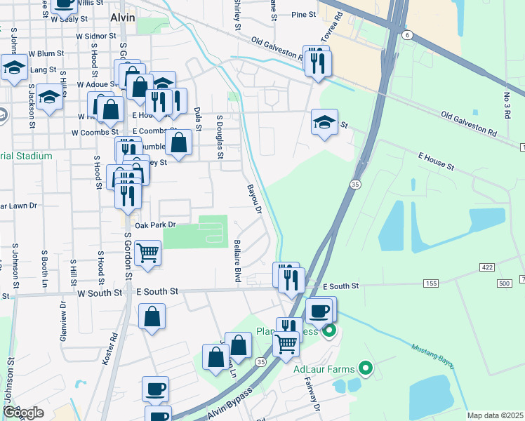 map of restaurants, bars, coffee shops, grocery stores, and more near 1305 Bayou Drive in Alvin