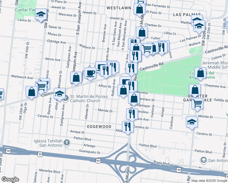 map of restaurants, bars, coffee shops, grocery stores, and more near 214 Balboa Ave in San Antonio