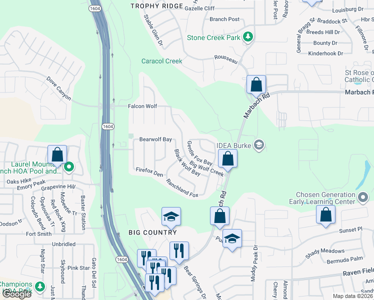 map of restaurants, bars, coffee shops, grocery stores, and more near 10730 Gentle Fox Bay in San Antonio
