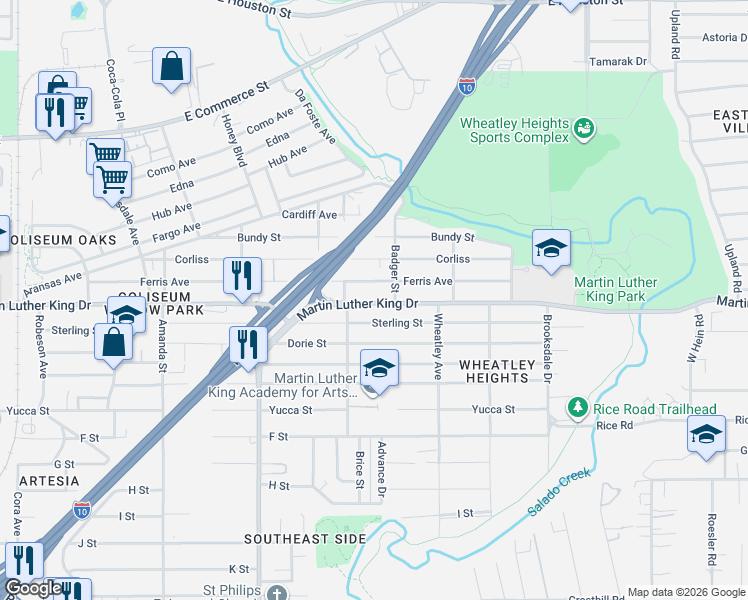 map of restaurants, bars, coffee shops, grocery stores, and more near 3243 Martin Luther King Drive in San Antonio
