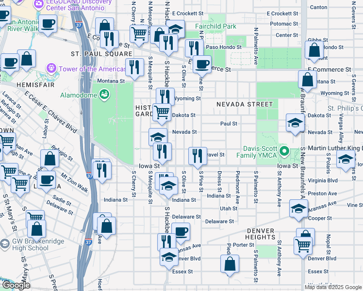 map of restaurants, bars, coffee shops, grocery stores, and more near 531 South Olive Street in San Antonio