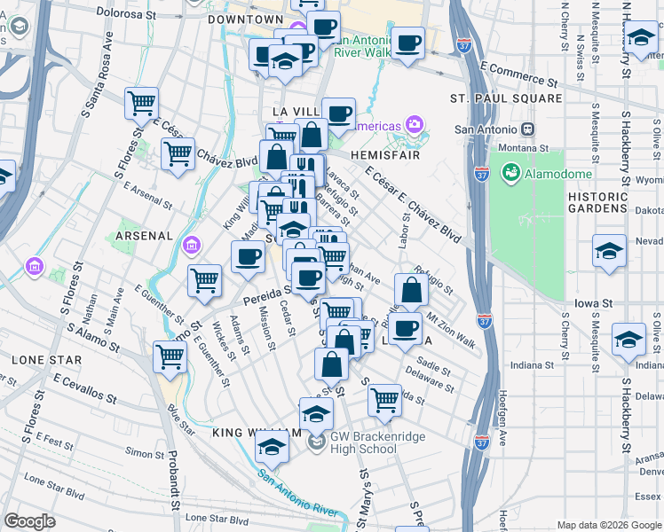 map of restaurants, bars, coffee shops, grocery stores, and more near 136 Callaghan Avenue in San Antonio