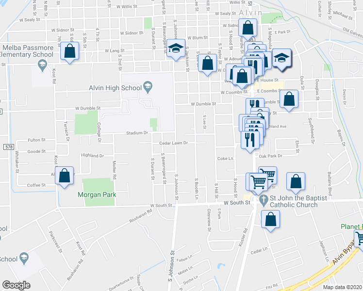 map of restaurants, bars, coffee shops, grocery stores, and more near 725 Cedar Lawn Drive in Alvin