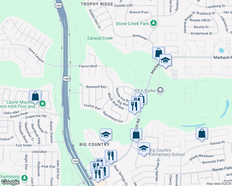 map of restaurants, bars, coffee shops, grocery stores, and more near 10730 Gentle Fox Bay in San Antonio