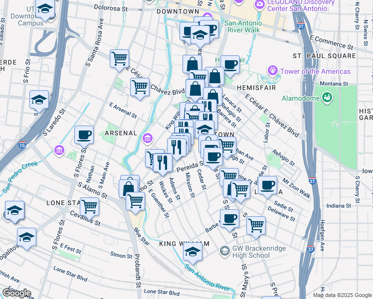 map of restaurants, bars, coffee shops, grocery stores, and more near 1017 South Alamo Street in San Antonio