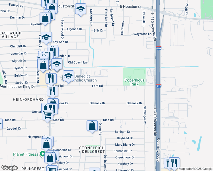 map of restaurants, bars, coffee shops, grocery stores, and more near 4822 Lord Road in San Antonio