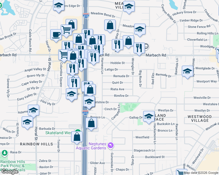 map of restaurants, bars, coffee shops, grocery stores, and more near 8011 Riata Avenue in San Antonio