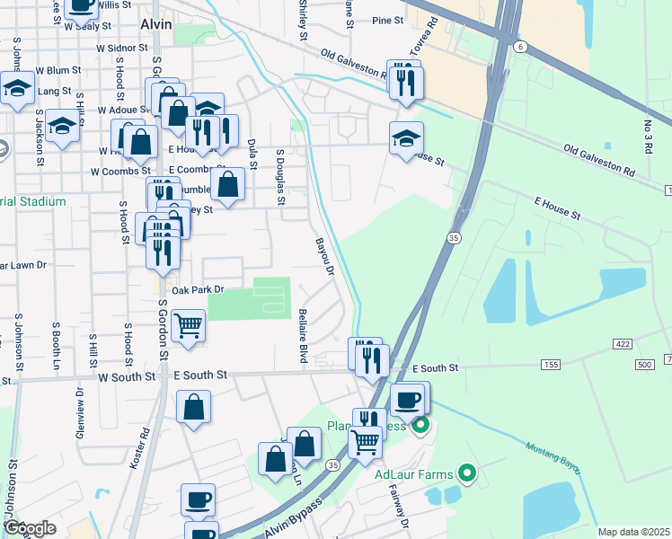 map of restaurants, bars, coffee shops, grocery stores, and more near 1305 Bayou Drive in Alvin