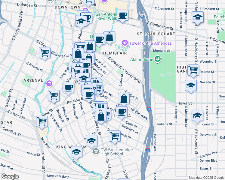 map of restaurants, bars, coffee shops, grocery stores, and more near 406 Barrera Street in San Antonio