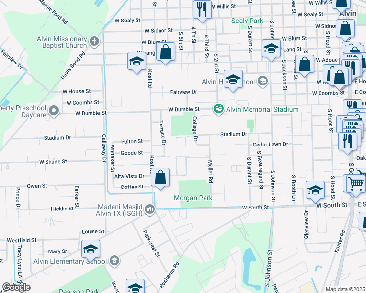 map of restaurants, bars, coffee shops, grocery stores, and more near 1111 Hampton Circle in Alvin