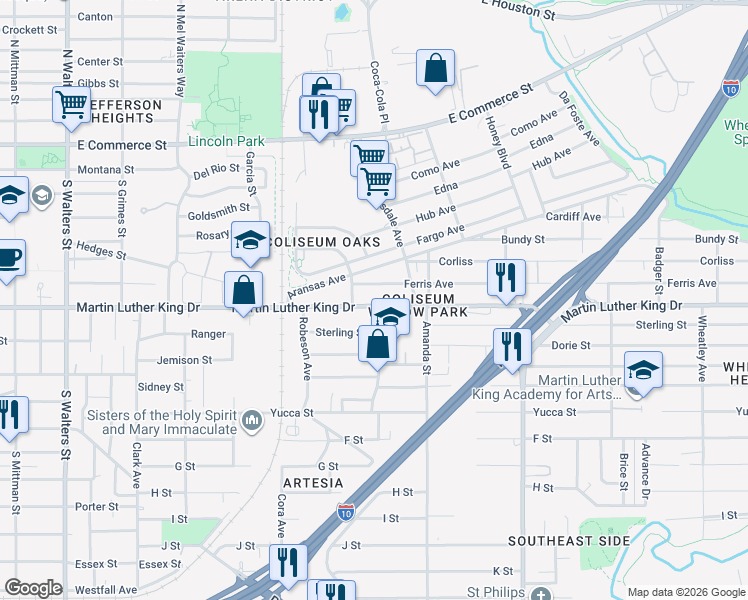 map of restaurants, bars, coffee shops, grocery stores, and more near 2923 Martin Luther King Drive in San Antonio