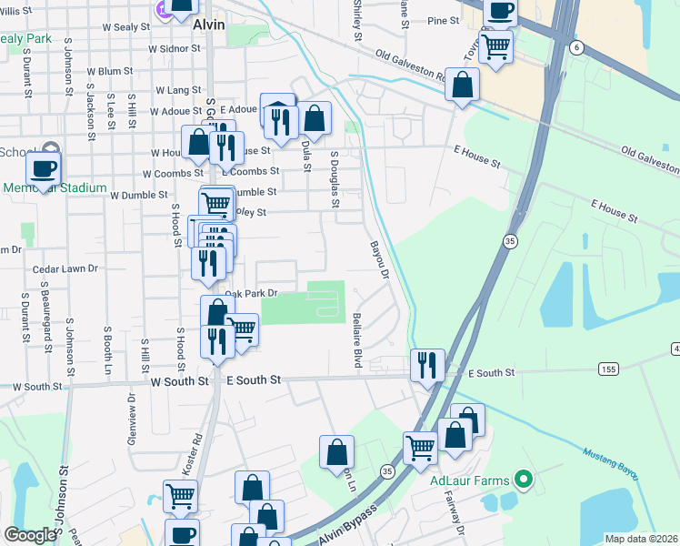 map of restaurants, bars, coffee shops, grocery stores, and more near 600 Briarwilde Court in Alvin