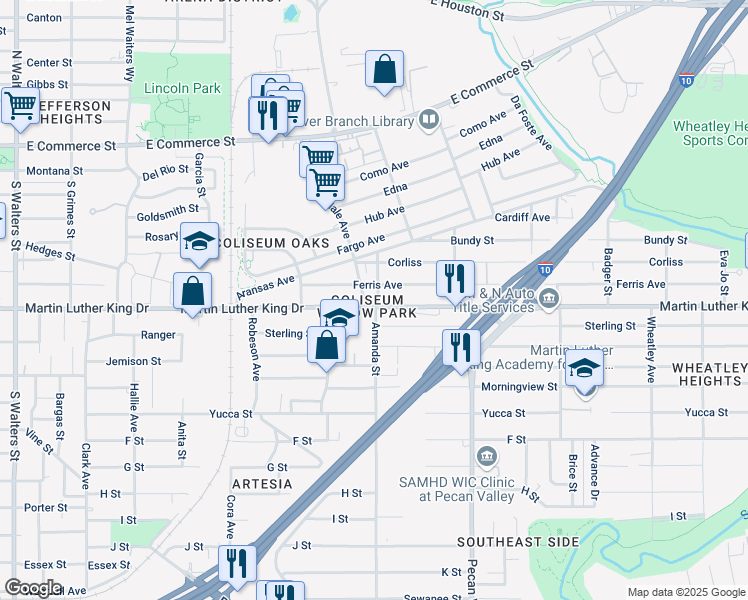 map of restaurants, bars, coffee shops, grocery stores, and more near 2963 Martin Luther King Drive in San Antonio