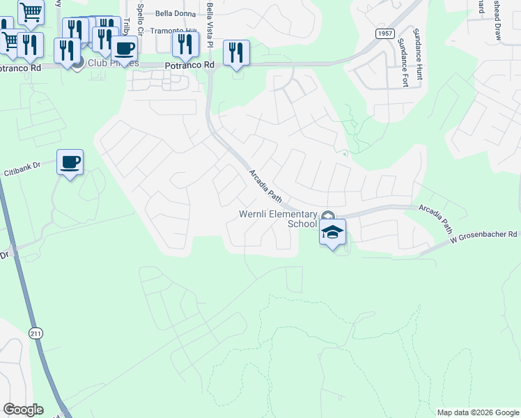 map of restaurants, bars, coffee shops, grocery stores, and more near 1811 Virgil Path in San Antonio