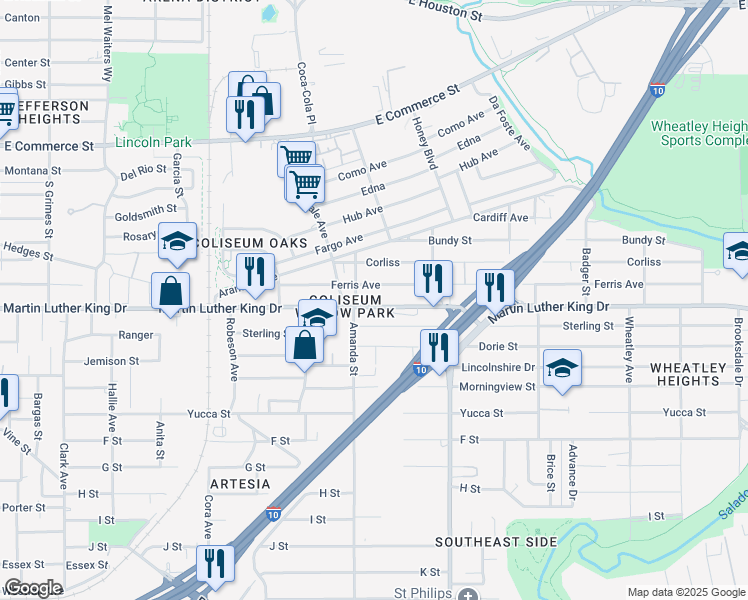map of restaurants, bars, coffee shops, grocery stores, and more near 3019 Martin Luther King Dr in San Antonio