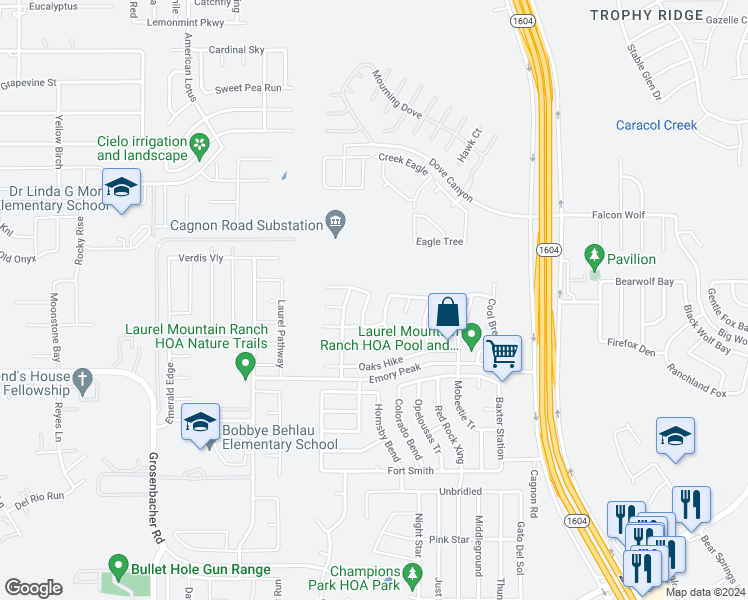 map of restaurants, bars, coffee shops, grocery stores, and more near 1810 Buescher Path in San Antonio