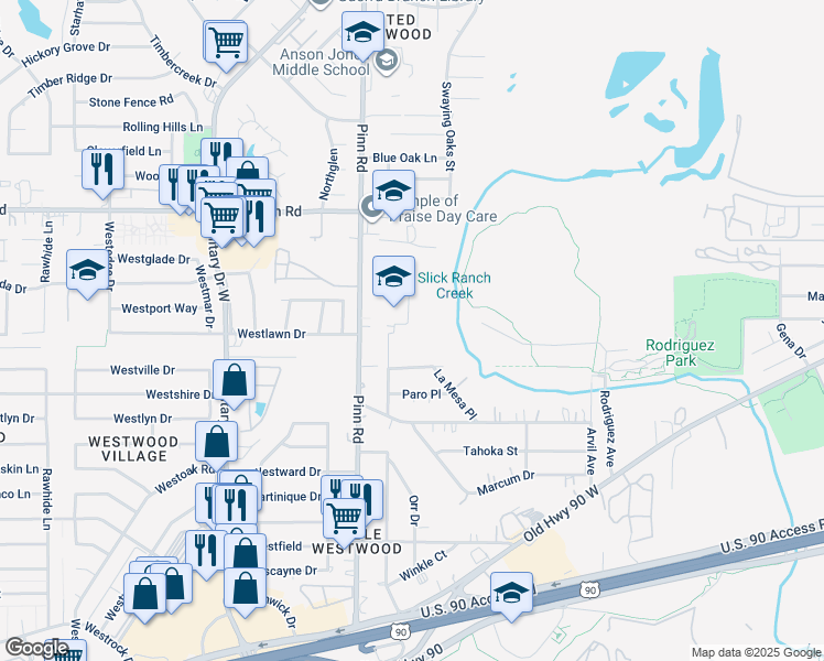 map of restaurants, bars, coffee shops, grocery stores, and more near 1706 Pinn Road in San Antonio