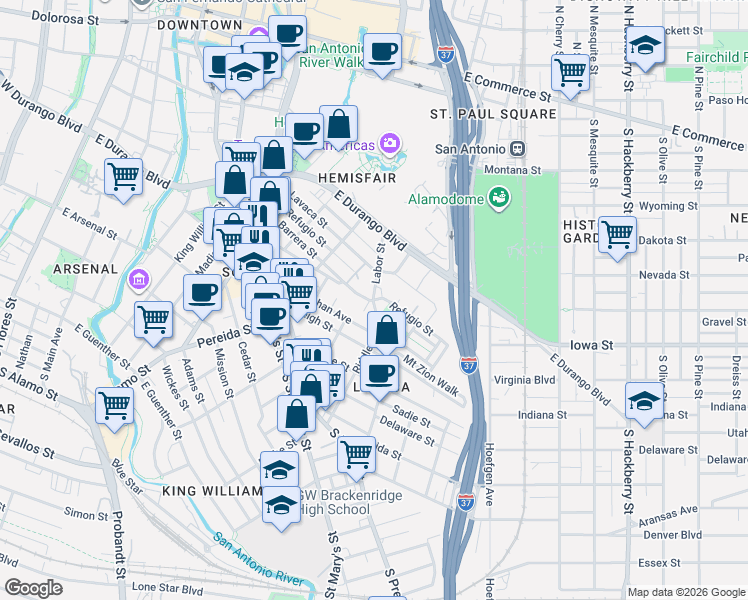 map of restaurants, bars, coffee shops, grocery stores, and more near 400 Labor Street in San Antonio